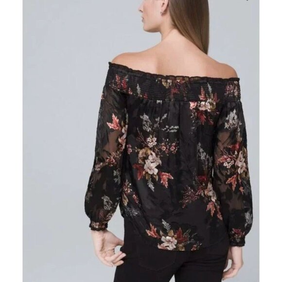 White House Black Market Off-The-Shoulder Floral Burnout Silk Blouse Top Size S - Picture 3 of 12